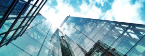 wide angle looking up at buildings