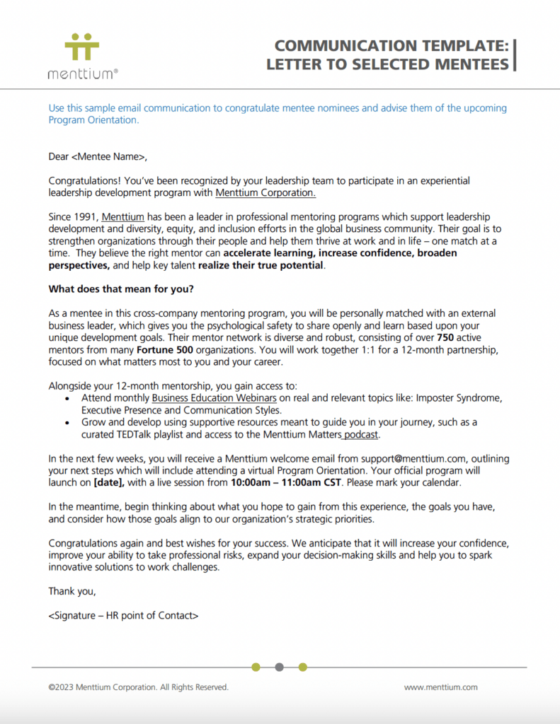Communication Template for Selected Mentee