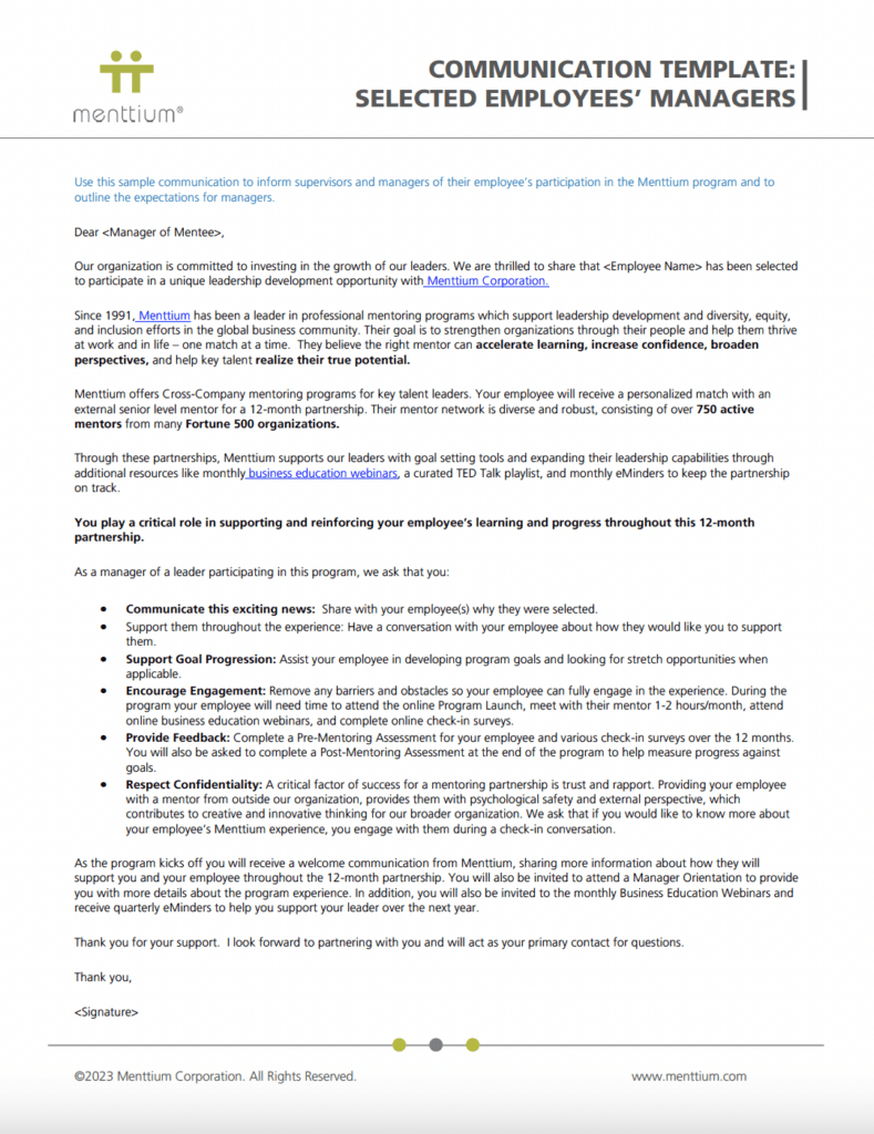 Communication Template for Selected Employees' Managers