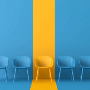 Bold yellow chair highlighted between blue chairs, representing stepping into the spotlight and responding confidently under pressure.
